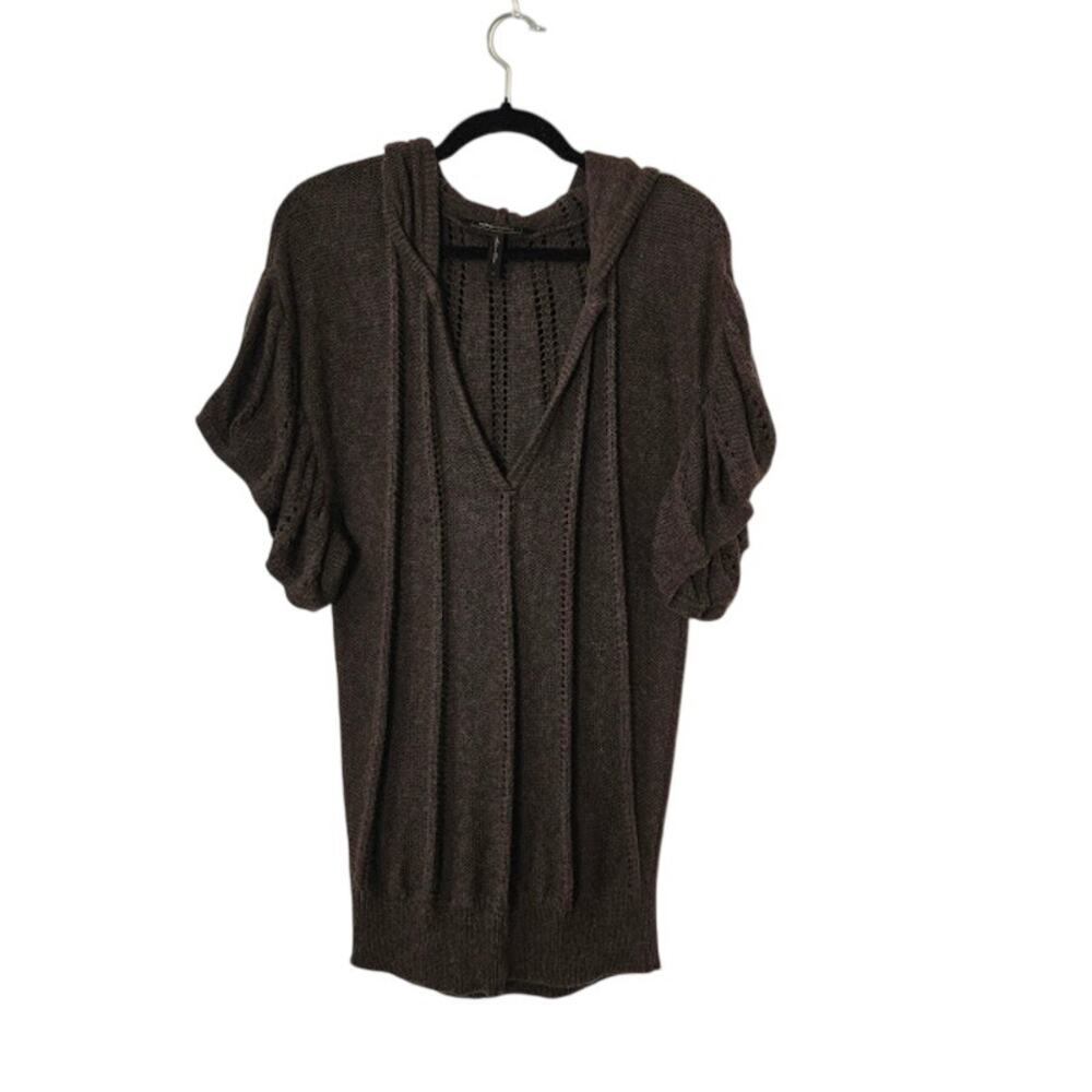BCBG Maxazria Women's Hooded Open Knit Sweater Large Brown Cotton Merino Wool